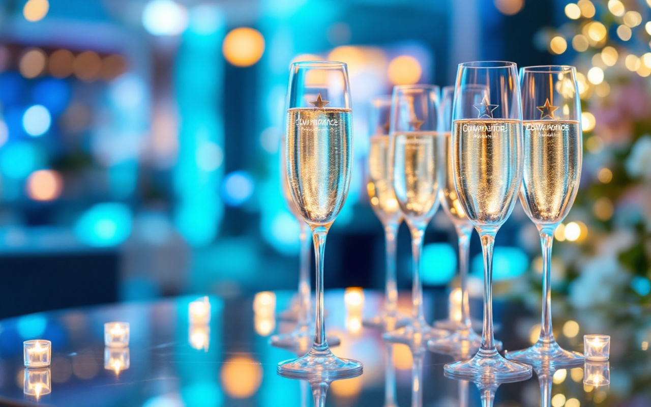 Flûtes à champagne personnalisées avec le logo de l'entreprise, élégamment disposées sur une surface réfléchissante, dans une ambiance lumineuse et chaleureuse.