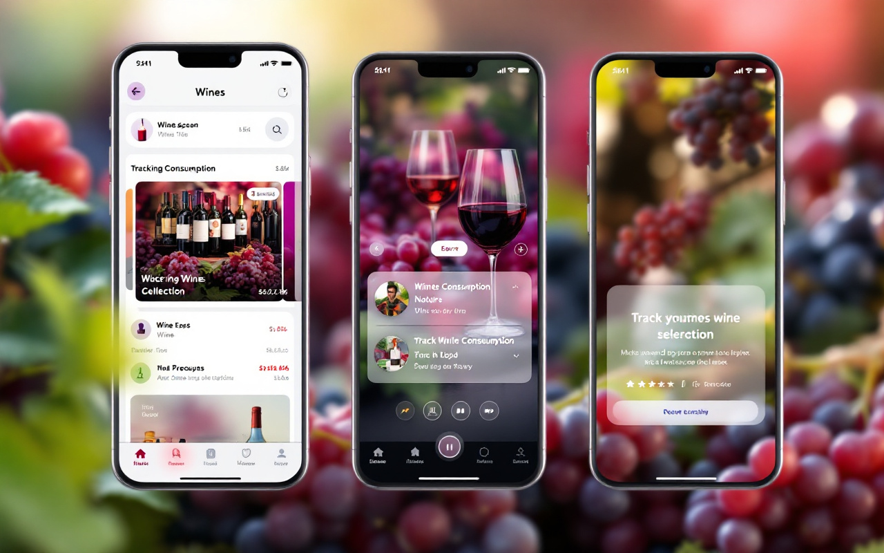 Une interface d'application de gestion intelligente du vin, affichant des fonctionnalités telles que la sélection de vins et le suivi de la consommation, avec un design moderne et des couleurs vives.