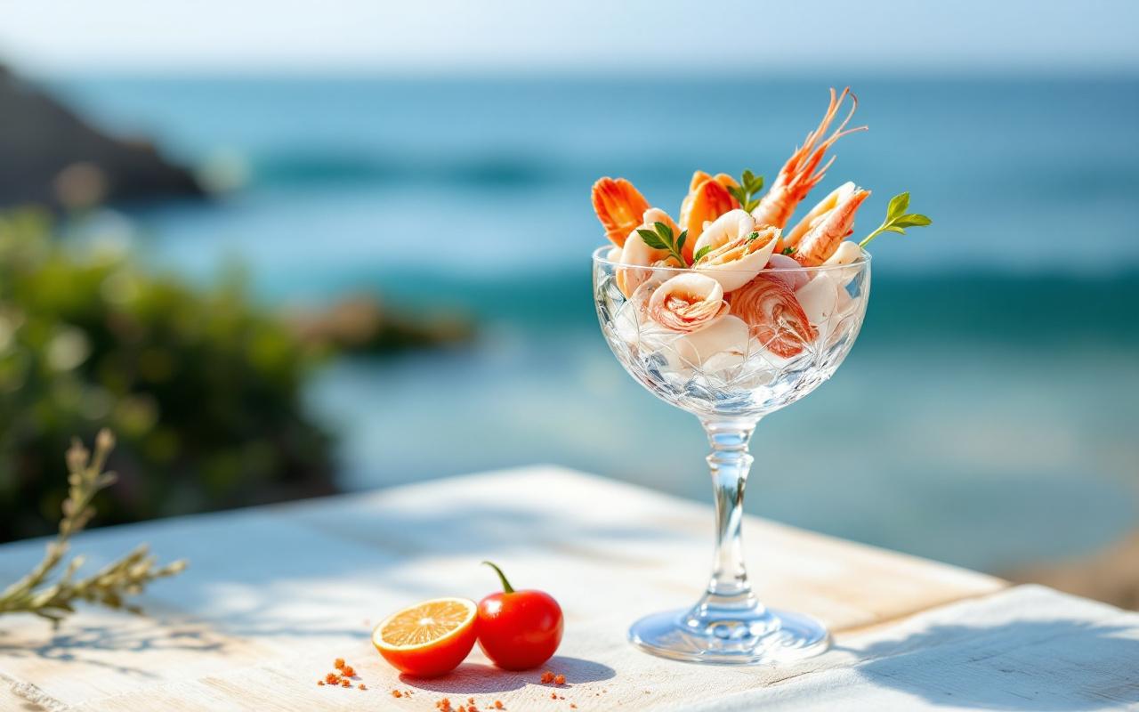 Un verre de vin élégant avec des fruits de mer, placé dans un environnement naturel, illuminé par une lumière douce, mettant en valeur la transparence du verre et les détails des fruits de mer.