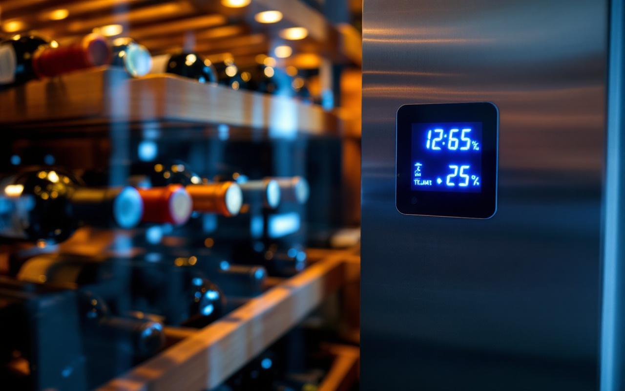 Photo réaliste de bouteilles de vin alignées sur des casiers en bois dans une cave électrique, un écran numérique affiche une température stable, éclairage volumétrique doux avec contrastes ambre chaud et bleu froid, ambiance sombre et naturelle.