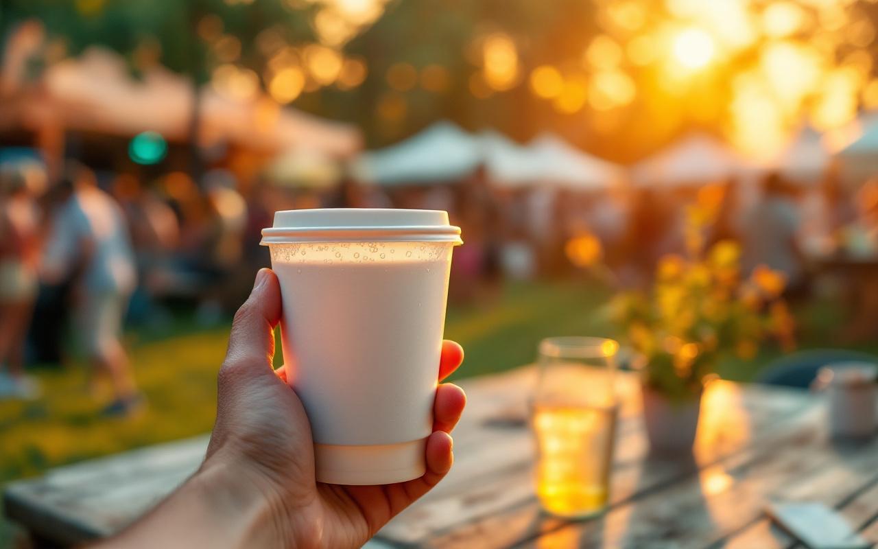 Gobelet réutilisable en PP personnalisé tenu à la main lors d'un festival en plein air, condensation visible, logo lisible, lumière chaude de coucher de soleil, public et tentes flous en arrière-plan.