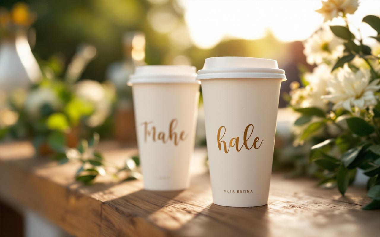 Photo réaliste d'un bar de mariage en plein air avec des gobelets réutilisables personnalisés posés sur un comptoir en bois, décor floral et verdure, invités flous en arrière-plan, lumière dorée de coucher de soleil.