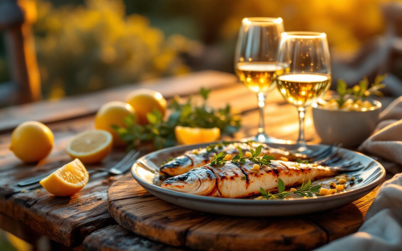 Verre de vin blanc à côté d'un poisson grillé posé sur une table en bois rustique, quartiers de citron et herbes fraîches, marques de cuisson visibles et légère condensation sur le verre, lumière chaude et douce de fin d'après-midi.