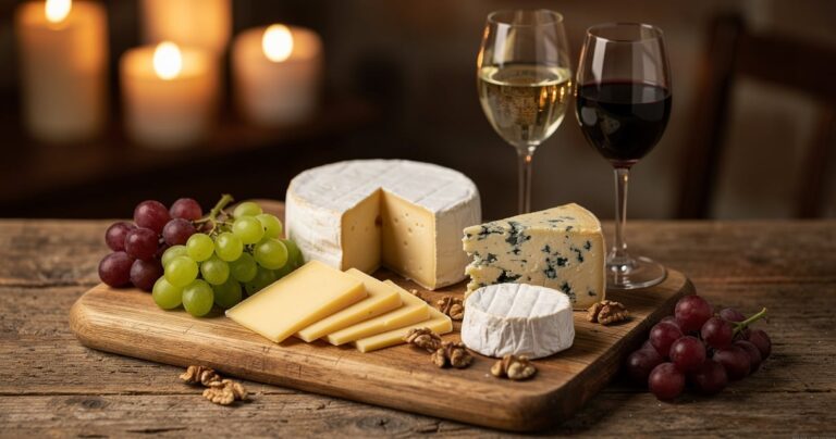Plateau de fromages variés avec verres de vin blanc et rouge pour accords