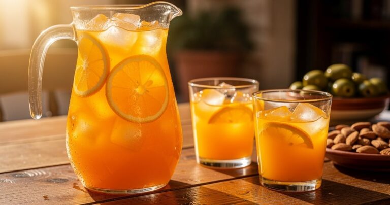 Carafe en verre d'agua de valencia avec tranches d'orange et glaçons sur une terrasse à Valence
