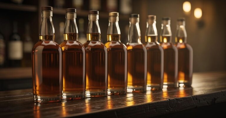 Plusieurs bouteilles de bourbon américain alignées sur un comptoir en bois sombre