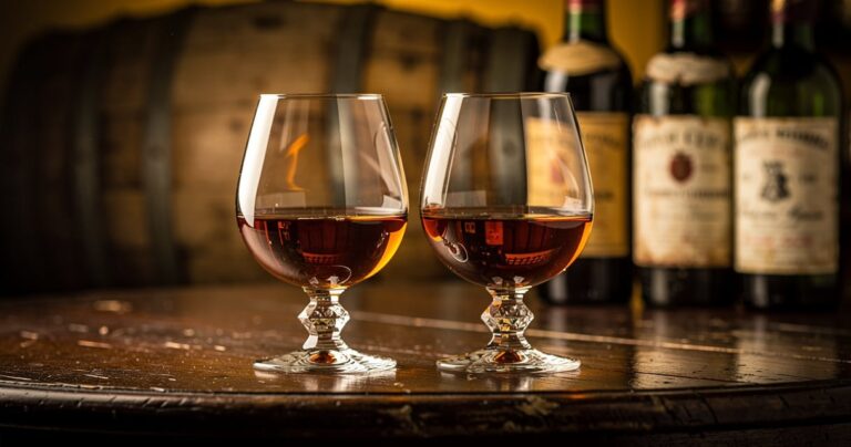 Deux verres tulipe remplis de cognac et armagnac sur un comptoir en bois