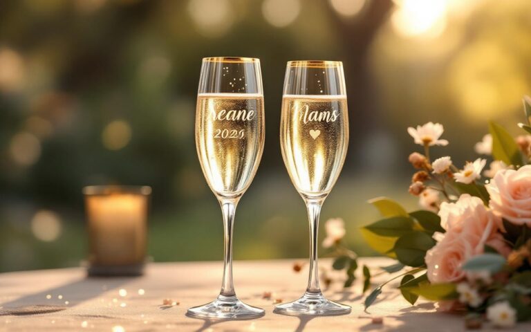 Deux flûtes à champagne personnalisées gravées, avec bord doré, posées sur une table de mariage décorée de fleurs et nappe ivoire, champagne pétillant, lumière chaude de coucher de soleil, arrière-plan flou.