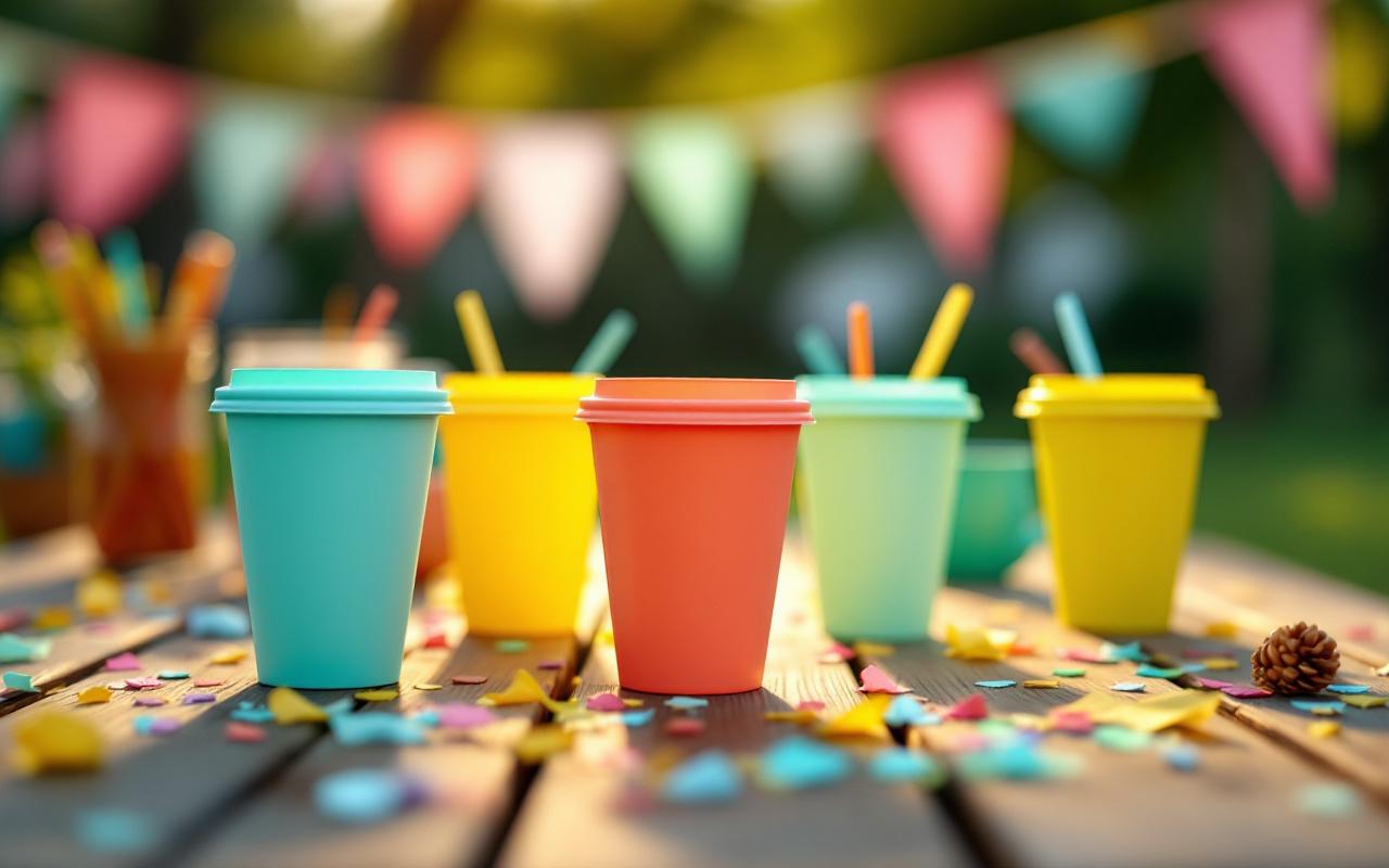 Des gobelets réutilisables multicolores posés sur une table en bois lors d'une fête d'anniversaire en plein air, éclairés par une lumière chaude de fin d'après-midi, avec confettis et guirlandes floues en arrière-plan.