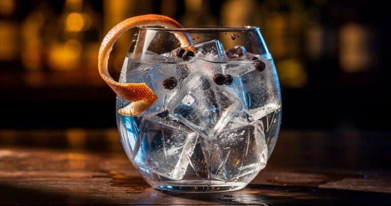Gin tonic servi dans un verre ballon avec glaçons, zeste de pamplemousse et baies de genièvre