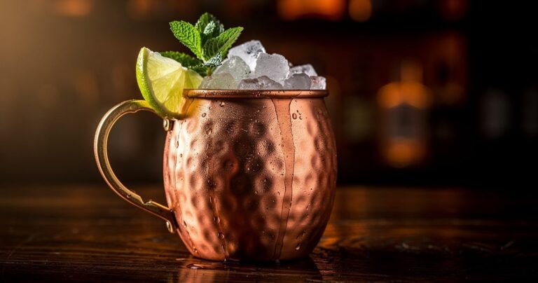 Moscow Mule servi dans un mug en cuivre givré avec citron vert et menthe