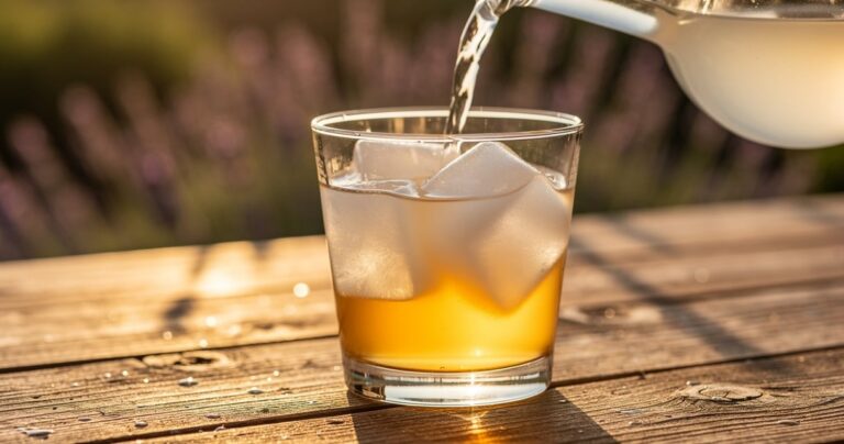 Verre de pastis avec eau fraîche versée créant l'effet trouble sur une terrasse en été