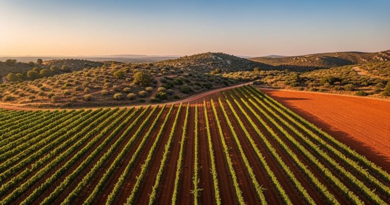 Vignoble du Languedoc avec rangées de vignes sur sol argilo-calcaire au coucher du soleil