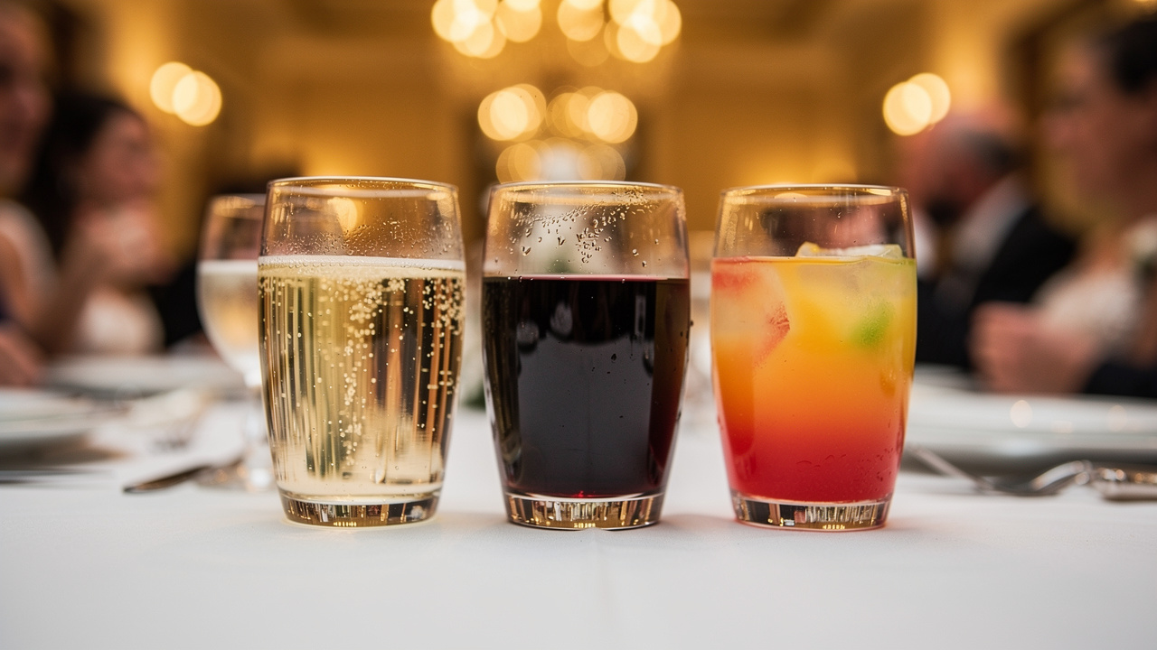 Comparaison visuelle de gobelets réutilisables de trois tailles, remplis de champagne pétillant, vin rouge et cocktail coloré, sur une table de mariage avec lumière dorée et reflets réalistes.