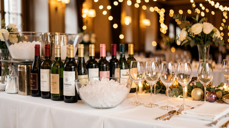 Bar de mariage élégant avec bouteilles, glace, verres et décorations festives lumineuses.