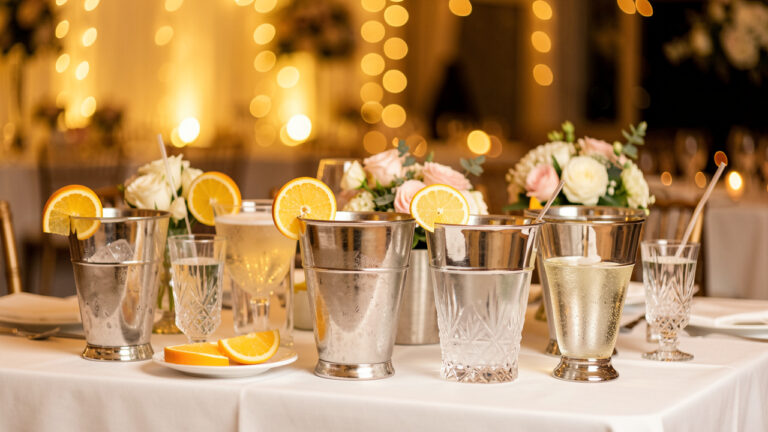Table de mariage élégante avec boissons variées, seaux à glace, verres et ambiance festive raffinée, éclairage doré et décor floral délicat.