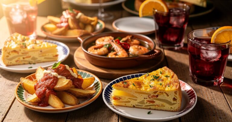 Assortiment de tapas espagnoles sur table en bois avec verres de vermouth