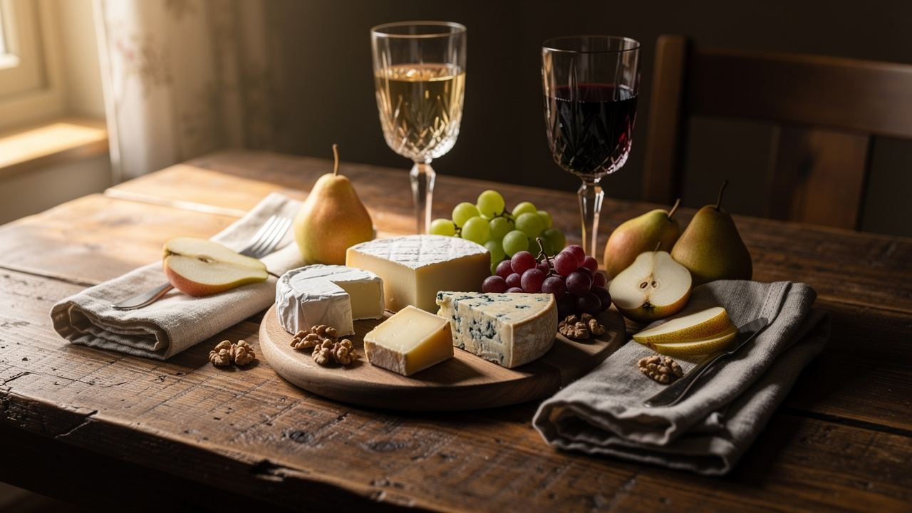 Table en bois préparée pour une dégustation de vins et fromages à deux, avec verres de vin blanc et rouge, plateau de fromages raffinés, raisins, noix et poires.