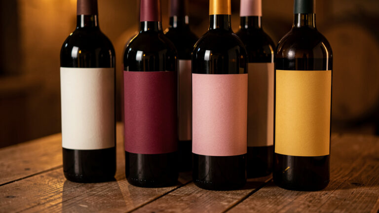 Gros plan élégant de plusieurs bouteilles de vin aux étiquettes vierges, disposées sur une table en bois et baignées d’une lumière chaleureuse.