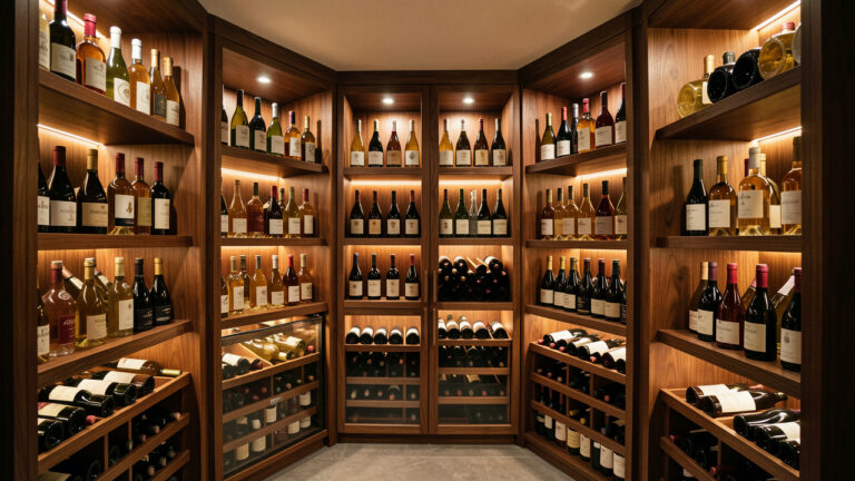 Cave à vin moderne avec des bouteilles variées disposées dans des casiers en bois, éclairée par une lumière douce et chaleureuse.