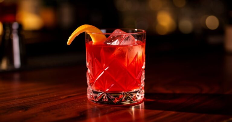 Negroni servi dans un verre old fashioned avec un gros glacon et un zeste d orange