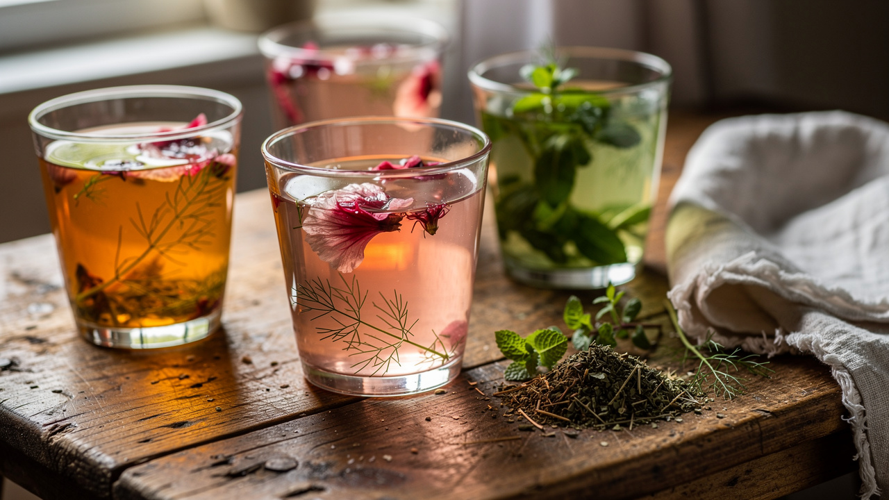 Verres d’infusions estivales aux graines de fenouil, fleurs d’hibiscus et feuilles de menthe, avec des plantes en vrac sur un plan de travail en bois.