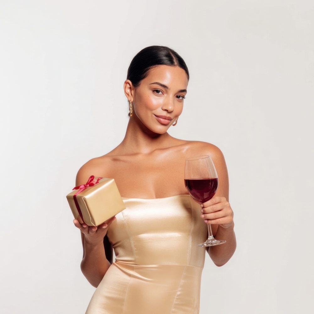 Box vin pour débutant ouverte avec des bouteilles, des fiches de dégustation et un verre de vin rouge.
