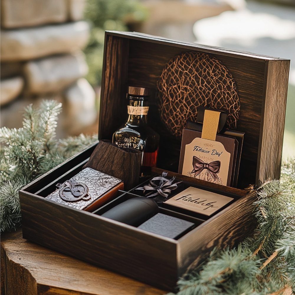 Coffret whisky présenté sur une table en bois avec verres et accessoires de dégustation.