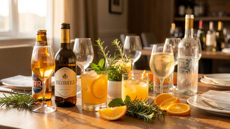 Table d’apéritif lumineuse avec bière sans alcool, vin désalcoolisé, mocktails aux agrumes, eau gazeuse et herbes fraîches.