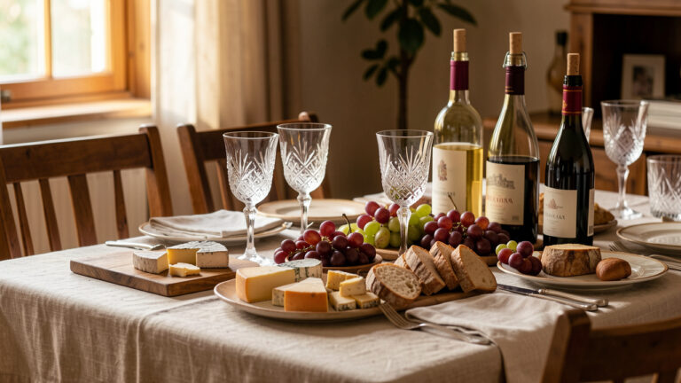 Table élégante de dégustation à domicile avec verres de vin, fromages variés, pain artisanal, raisins et bouteilles ouvertes.