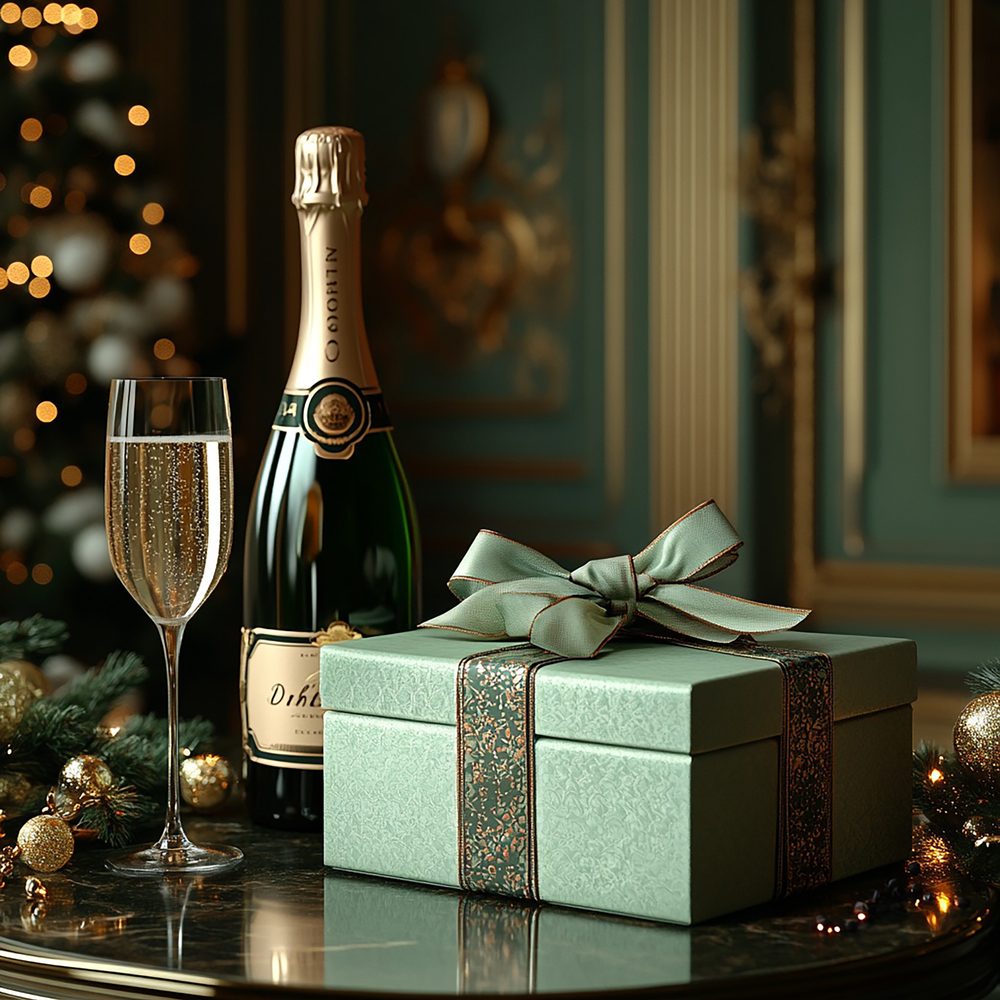 Coffret cadeau professionnel réunissant une bouteille de champagne et des produits régionaux raffinés.