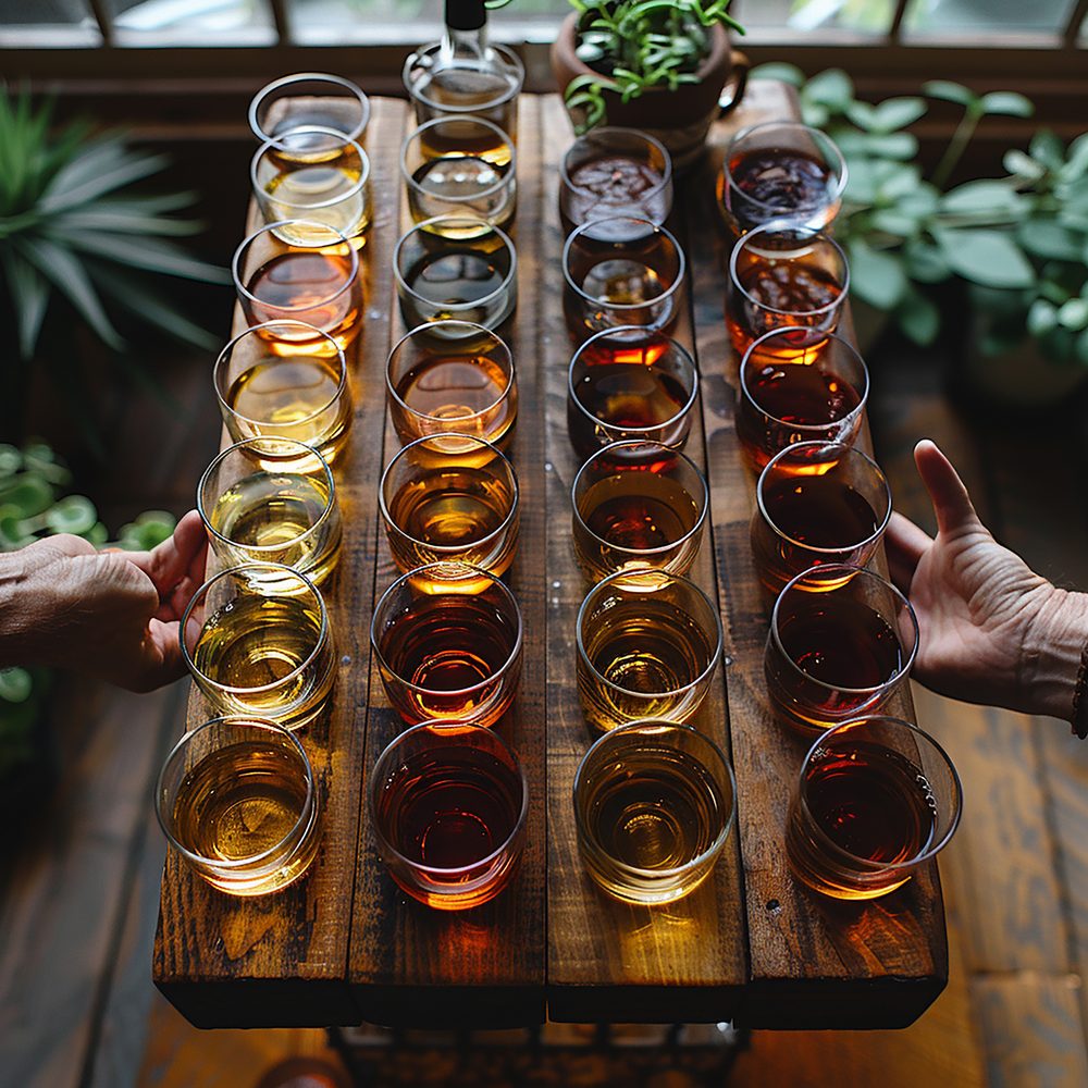 Assortiment de rhums miniatures présenté avec plusieurs verres pour comparer les arômes et les saveurs.