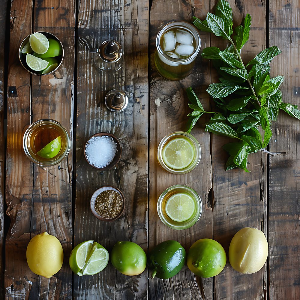 Un coffret de cocktail sans alcool avec sirops, agrumes, glaçons et accessoires de bar présenté sur une table.