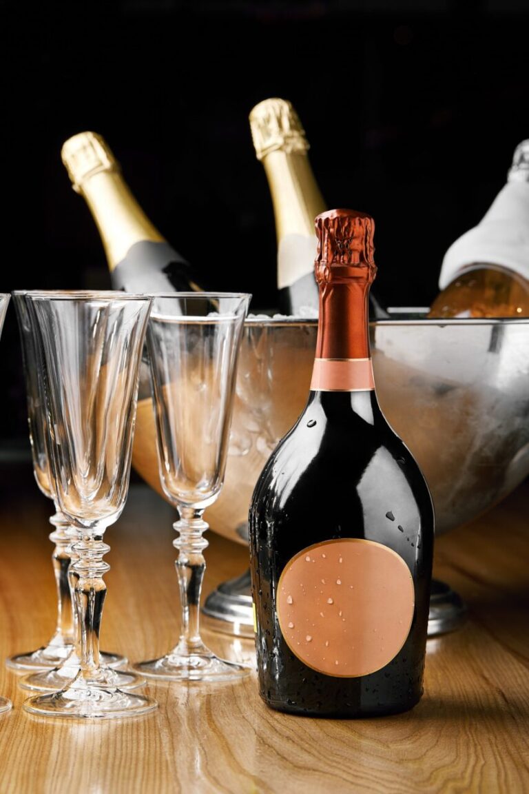 Seau à glace et rafraîchisseur à vin posés sur une table dressée pour un dîner de six personnes.