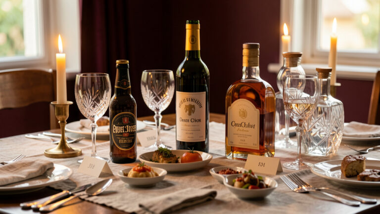 Table d’apéritif élégante avec bière, bouteille de vin, spiritueux, verres et petites bouchées dans une ambiance chaleureuse.