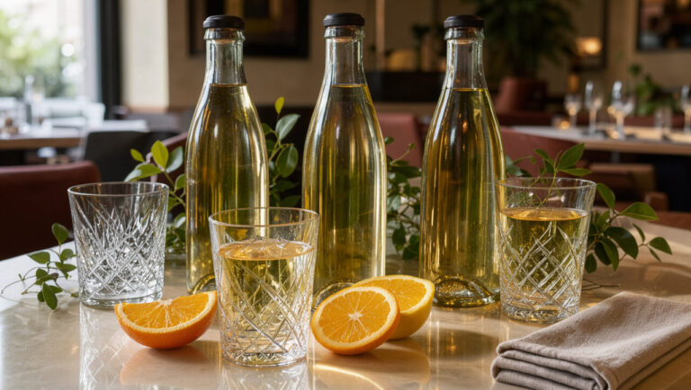 Table élégante présentant trois bouteilles de vin allemand sans alcool, des verres de Riesling pâle, des agrumes et une lumière naturelle.